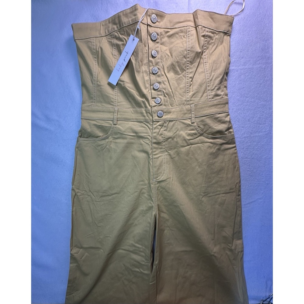Baby Pink Women's Strapless Button Up Pockets, Wide Leg Denim Jumpsuit Size L